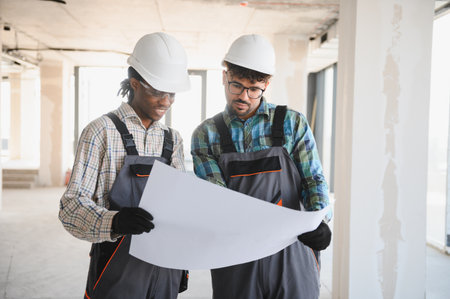 Two construction professionals in hard hats review architectural plans inside a building under...