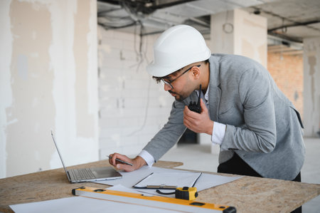 Arab architect wearing hardhat using walkie talkie and laptop while working on a construction site,...