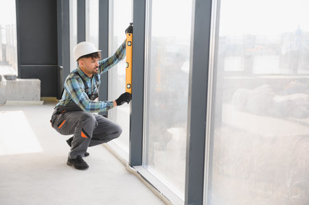 Arab builder using spirit level while installing windows in a modern building under construction,...
