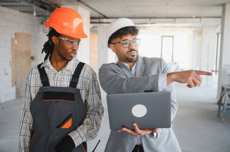 Architect holding laptop and pointing at something while discussing project details with builder on...