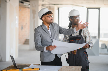 Architect and builder wearing safety helmets, reviewing blueprints and discussing plans on a bustling construction siteの写真素材