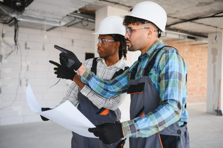 Two architects wearing hardhats and gloves are examining a blueprint and discussing progress on a construction siteの写真素材