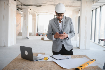 Arab architect wearing hardhat using smartphone on construction site with blueprint and laptop on...