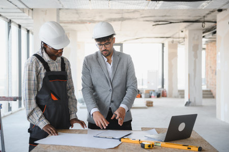 Architect and builder wearing hardhats discussing blueprint on table with laptop and spirit level in...