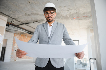 Arab architect examining blueprints on a construction site, wearing a hardhat and suit, ensuring...