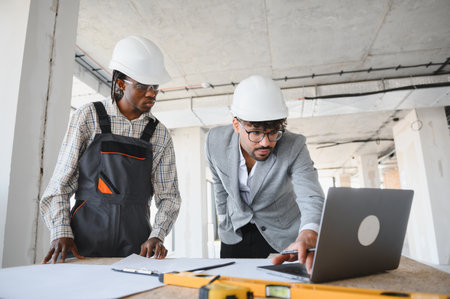 Architect and builder wearing hardhats discussing blueprint using laptop in building under...