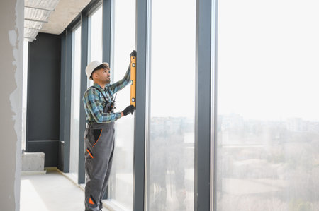 Arab construction worker checking window frame alignment with spirit level, ensuring precise...