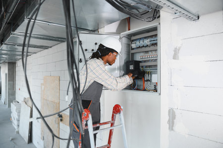 Electrician on a ladder installs an electrical panel in a building under construction, ensuring...