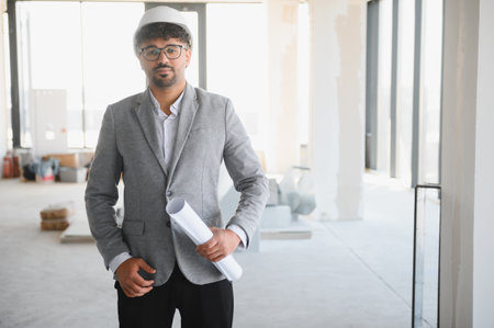 Confident arab architect wearing hardhat holding blueprints inspecting construction site of modern...