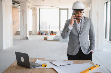 Arab architect wearing hardhat talking on smartphone at construction site, managing project using...