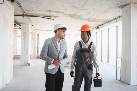 Architect holding blueprint discussing with builder carrying toolbox walking in building under...