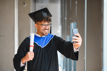 Smiling arab student wearing graduation gown holding diploma and making a video call with smartphone