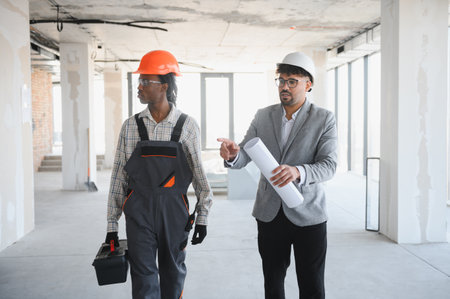 Architect and builder discussing plans at a construction site, showcasing teamwork and diversity in...