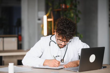 Focused male doctor in white coat with stethoscope writing medical notes on clipboard while using...