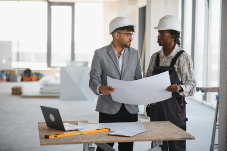 Architect and builder wearing hardhats, discussing blueprints and collaborating on plans in a...