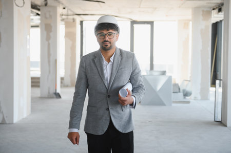 Confident architect wearing hardhat holding blueprints while inspecting construction site of modern buildingの写真素材