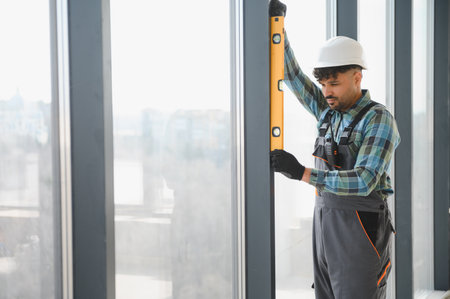 Arab construction worker checking vertical alignment of window frame using spirit level, ensuring...