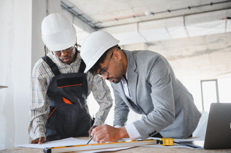 Architect and builder wearing hardhats reviewing blueprint using a straightedge and pencil on construction siteの写真素材