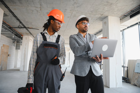 Architect collaborating with builder, displaying building plans on laptop during an inspection at a...