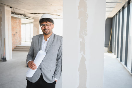Arab architect wearing safety helmet and holding blueprints while inspecting construction site