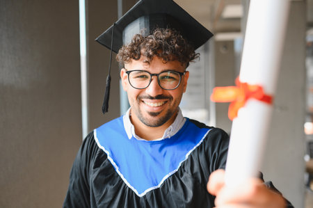 Portrait of a smiling Arab student wearing graduation gown and holding his diploma after the...