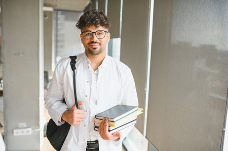 Smiling medical student carrying books and a backpack, walking confidently through a university hallway, embodying hope and ambitionの写真素材