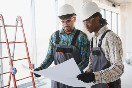 Two architects wearing hardhats and overalls, focused on examining a blueprint, collaborated on a...