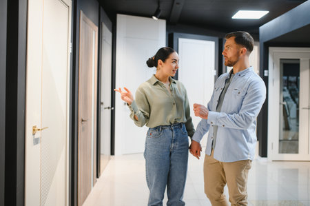 Young couple holding hands and choosing interior doors in a hardware store, discussing design and styleの写真素材