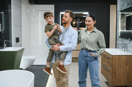 Happy parents holding their son are choosing new sanitary ware for their bathroom renovation in a...