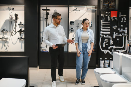 Salesman assisting female customer in a bathroom furniture store, discussing a variety of plumbing...
