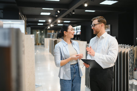 Smiling salesman showing different ceramic tile samples to a female customer inside a modern ceramic and plumbing storeの写真素材