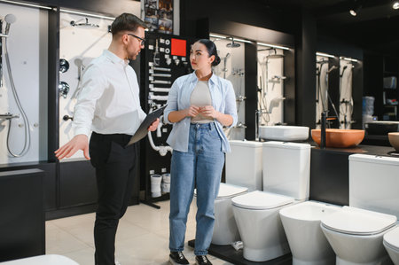 Professional salesman showing different toilet models to woman in plumbing store, helping her choose the best optionの写真素材