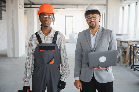 Architect holding laptop showing building plan to builder wearing hardhat inside building under...