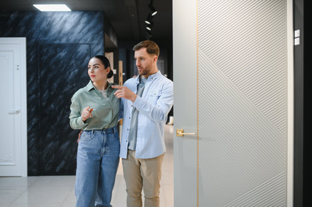 Couple choosing modern interior doors in a furniture store, discussing design and materials with a sales assistantの写真素材