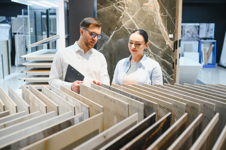 Female customer and male salesperson examining ceramic tile samples in a store, highlighting choices for home renovation and interior designの写真素材