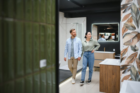 Couple holding hands and choosing bathroom fixtures in a plumbing store, exploring modern bathroom furniture and ceramic tilesの写真素材