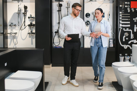 Shop assistant with clipboard showing bathroom fixtures to woman in a plumbing store, discussing and choosing new sanitary wareの写真素材