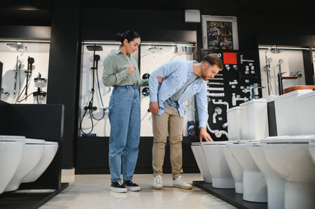 Young couple selecting a toilet bowl in a plumbing store, examining sanitary ware for their bathroom renovation projectの写真素材