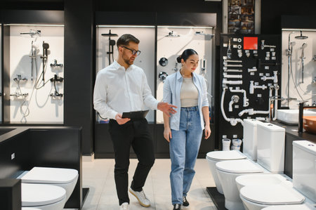 Shop assistant showing different toilet bowls to female customer in a plumbing and ceramic tile store, suggesting her the best optionの写真素材