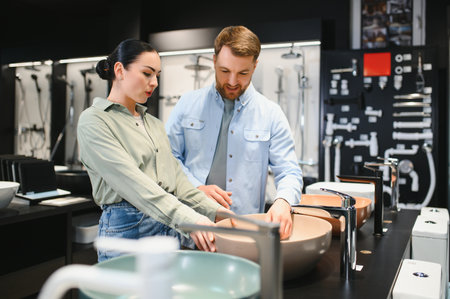Young couple selecting ceramic washbasins in a plumbing store, examining various models and faucets for their bathroom renovation projectの写真素材