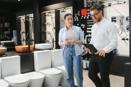 Salesman holding clipboard showing different toilet models to customer in modern bathroom fixtures storeの写真素材