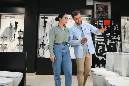 Couple walking in plumbing store, choosing toilet bowls and shower heads for their bathroom renovation projectの写真素材