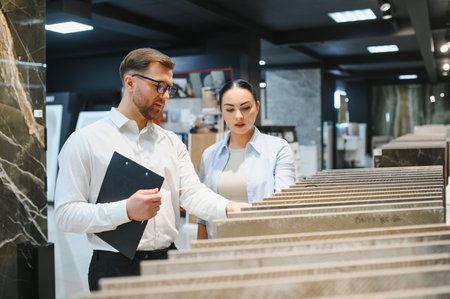 Shop assistant with clipboard advising woman choosing ceramic tiles in a modern plumbing and tile storeの写真素材