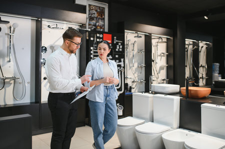 Female customer discussing options with a male salesman in a modern ceramic tile and plumbing store, surrounded by bathroom fixturesの写真素材