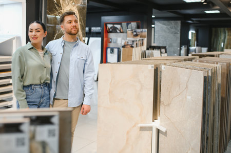 Couple browsing through a variety of ceramic tiles in a hardware store, planning their home renovation and selecting the perfect optionsの写真素材