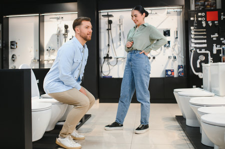 Young couple choosing new toilet bowl in a plumbing store, man sitting on toilet trying it and talking to womanの写真素材