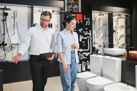 Salesman showing different bathroom fixtures to female customer holding clipboard in plumbing store, choosing ceramic toilet bowl or sinkの写真素材