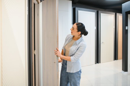Customer opening an interior door while examining various samples in a doors and windows store,...