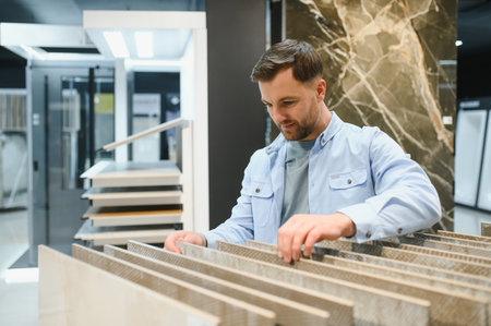 Architect selecting ceramic tiles in a modern showroom, carefully considering options for a new interior design project in a stylish spaceの写真素材