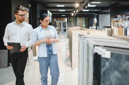 Salesman holding clipboard showing ceramic tiles to female customer in hardware store, she's choosing tiles for her renovation projectの写真素材